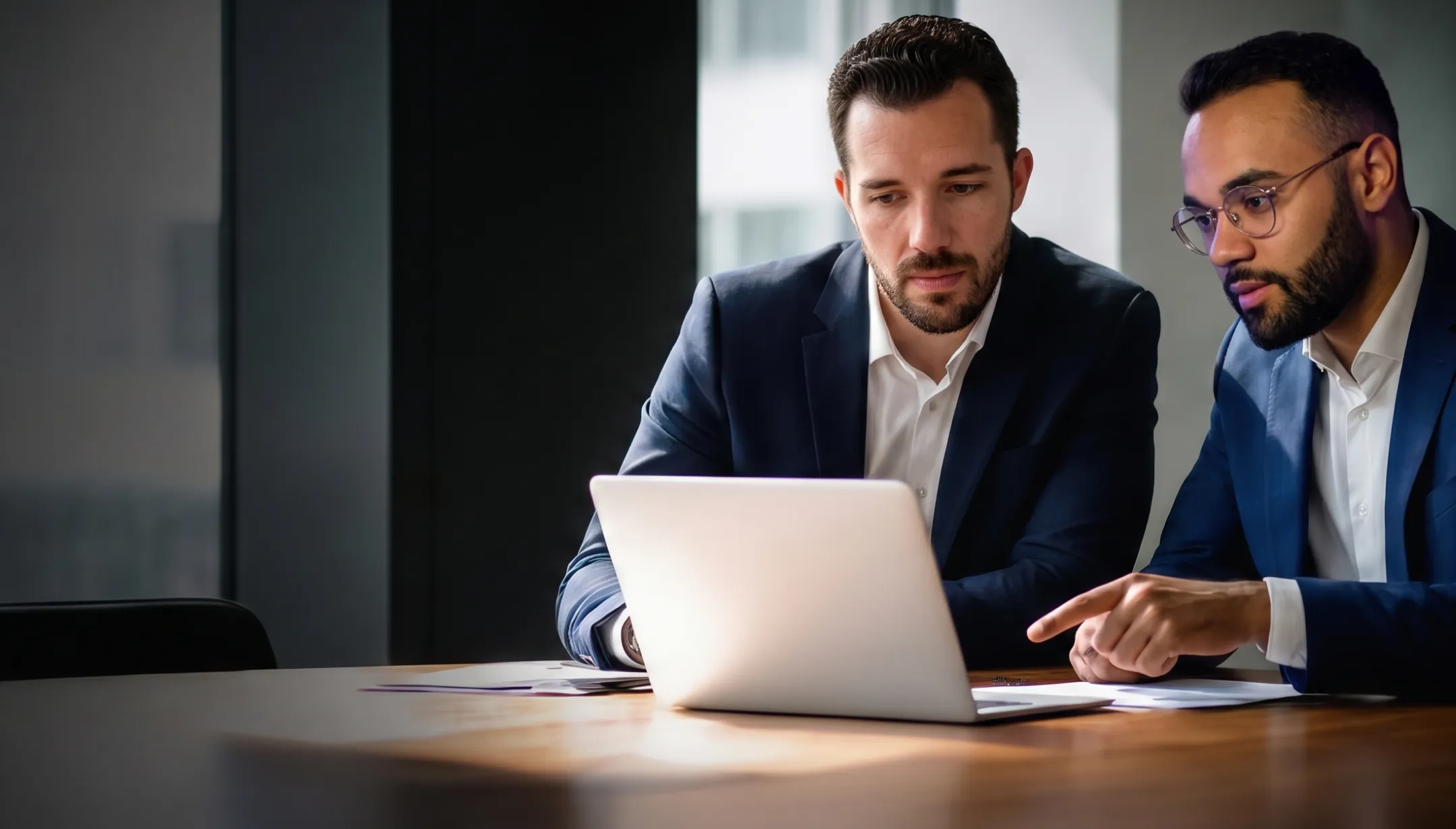 Deux experts-comptables de Maeka Conseil analysent des chiffres sur un ordinateur portable